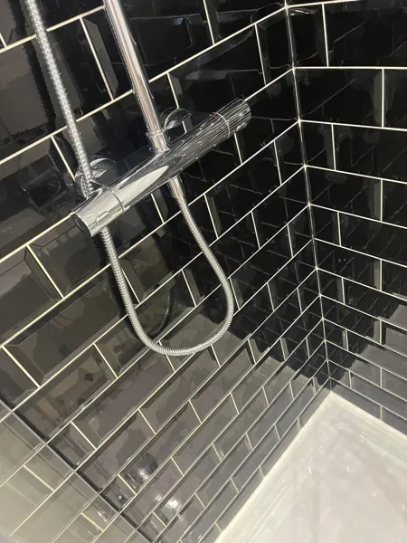 Chrome shower mixer and hose against black tiled walls